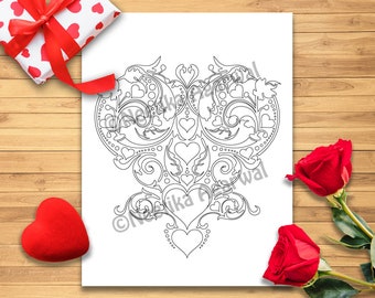 Intricate Heart - Valentine - Adult Coloring Page - Valentine's Day Coloring Page - Printable Coloring Page - Digital Download