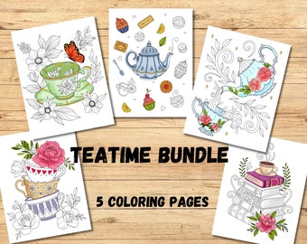 Tea Time Coloring Pages - Printable Coloring Page - Digital Download - Adult Coloring Pages - Coloring Page Pdf