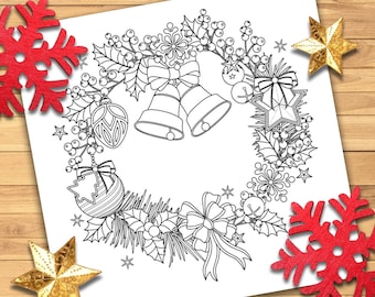 Christmas Wreath - Adult Coloring Page - Christmas Coloring Page - Printable Coloring Page - Digital Download