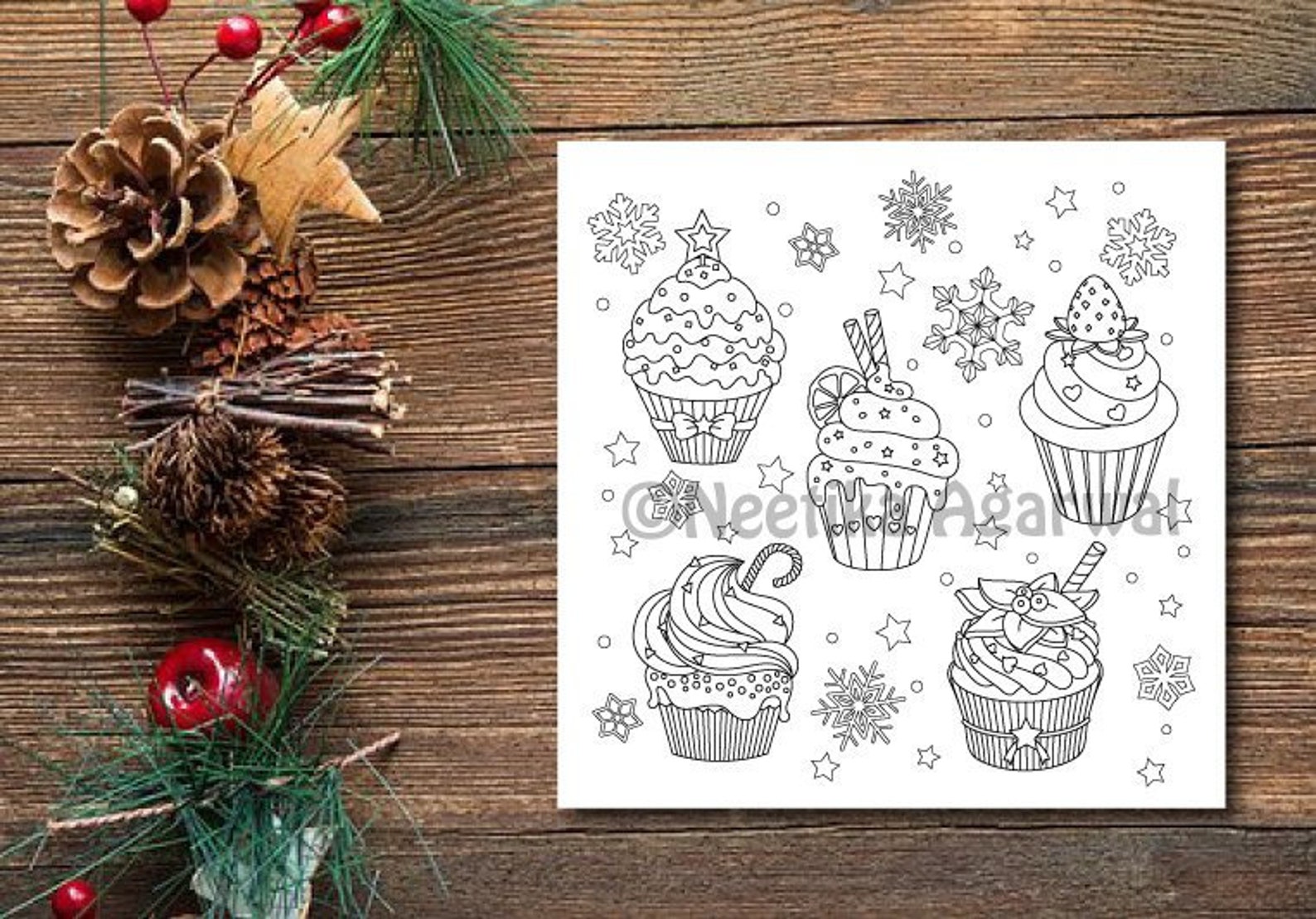 Christmas Cupcakes Adult Coloring Page Christmas Coloring - Etsy