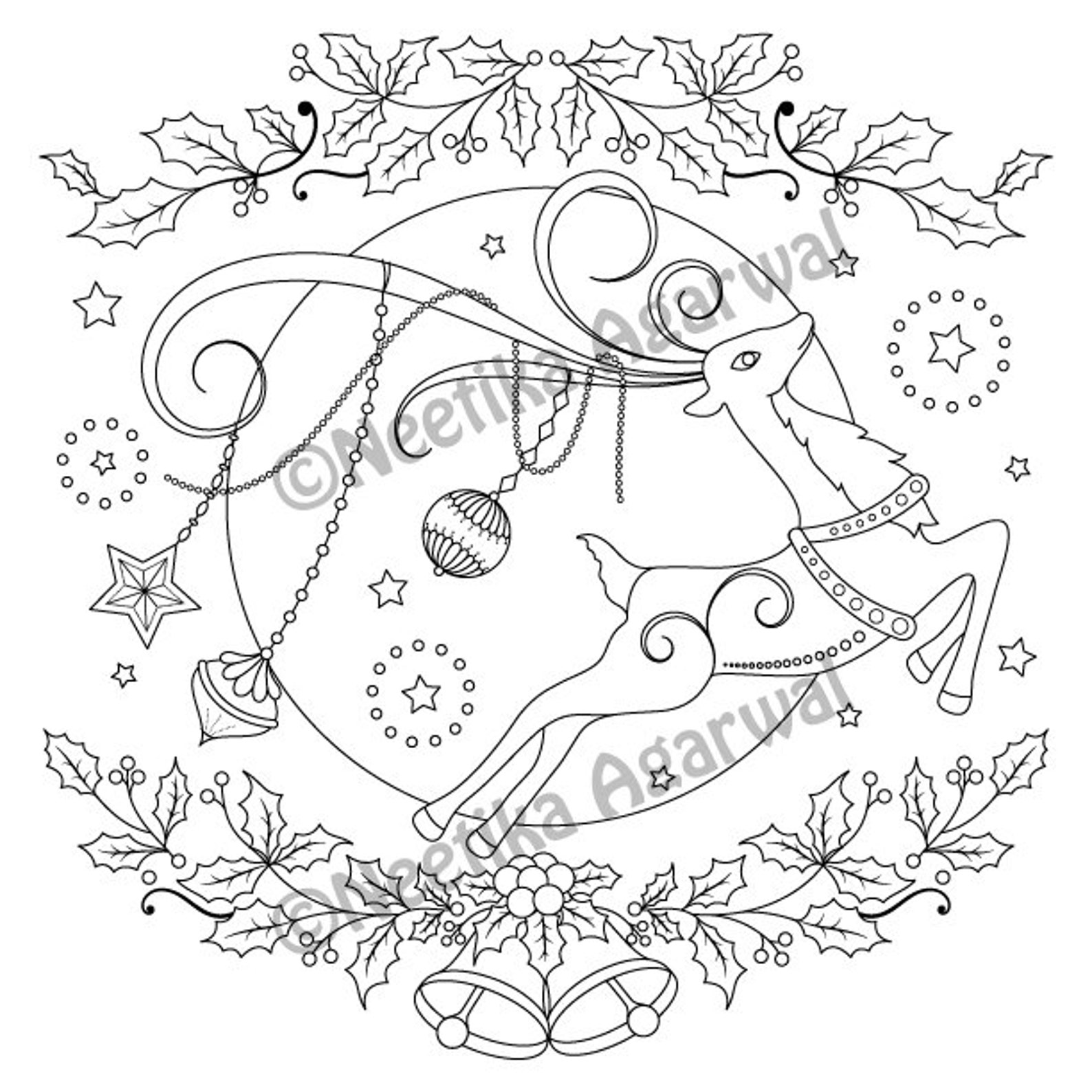 Christmas Reindeer - Adult Coloring Page - Christmas Coloring Page - Printable Coloring Page ...