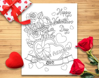 Valentine Hearts and Roses - Love - Adult Coloring Page - Valentine's Day Coloring Page - Printable Coloring Page - Digital Download