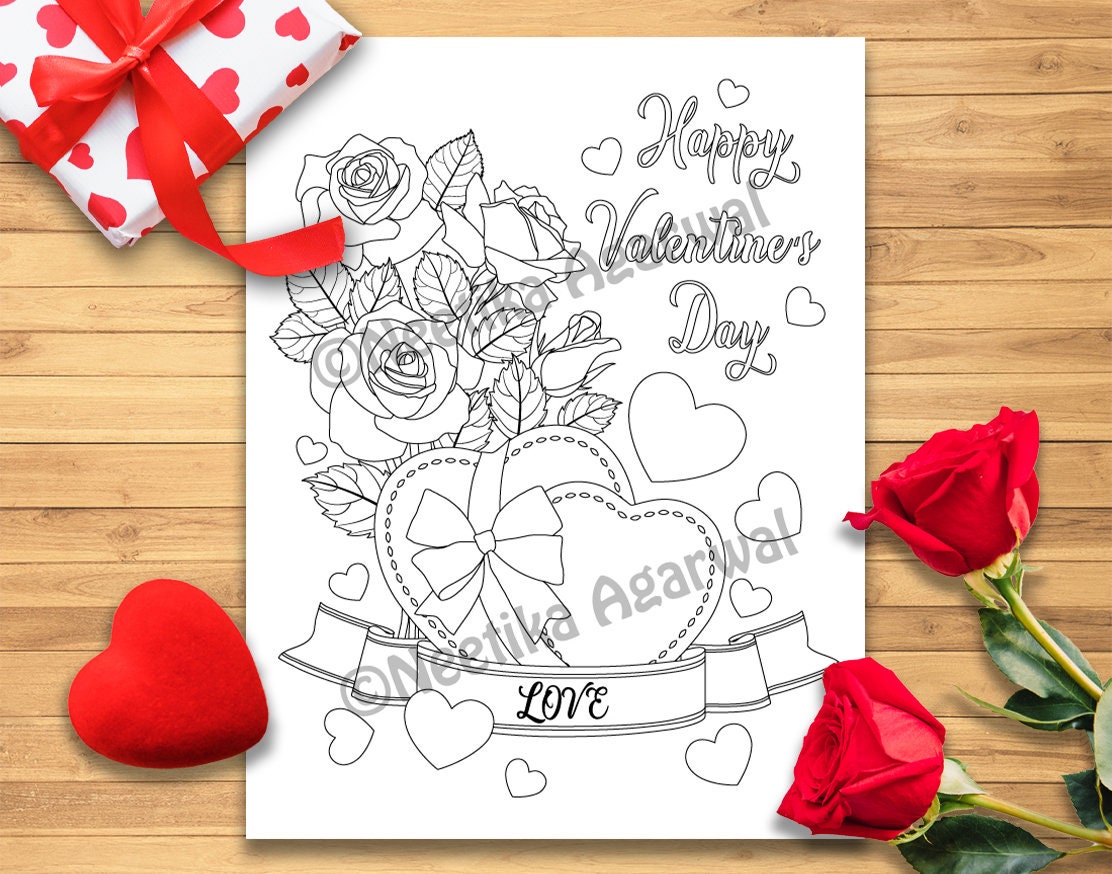 Valentine Hearts And Roses Love Adult Coloring Page Etsy