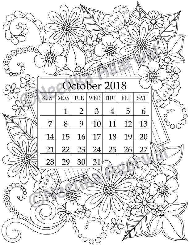 October 2018 Coloring Page Calender Planner Doodle | Etsy