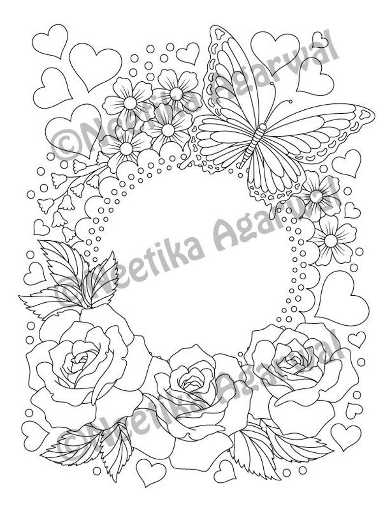 Butterfly and Roses Valentine Adult Coloring Page Valentine's Day ...