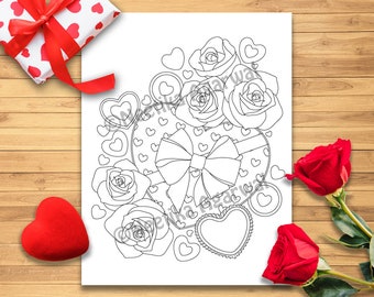 Heart Gift - Valentine - Adult Coloring Page - Valentine's Day Coloring Page - Printable Coloring Page - Digital Download