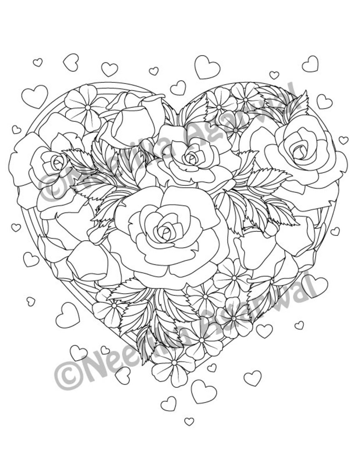 Rose Heart Valentine Adult Coloring Page Valentine's Day Coloring Page ...