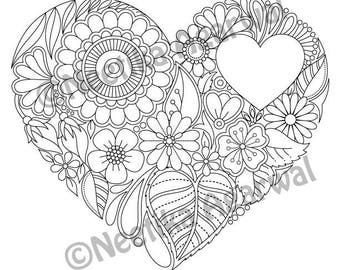 Floral Heart Valentine Adult Coloring Page Day