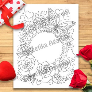 Butterfly and Roses Valentine Adult Coloring Page Valentine's Day ...