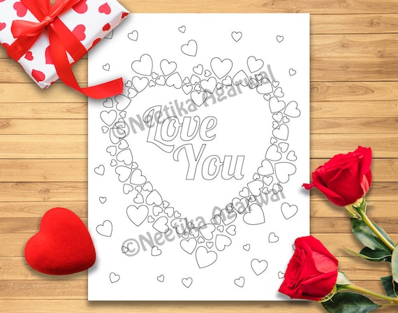 Download Love You Heart Valentine Adult Coloring Page Etsy