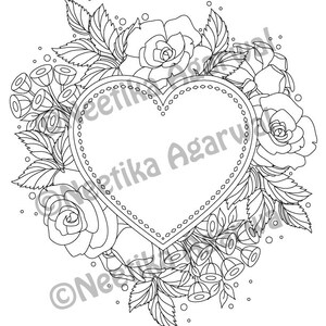 Heart with Roses Valentine Adult Coloring Page Valentine's Day Coloring Page Printable Coloring Page Digital Download image 2