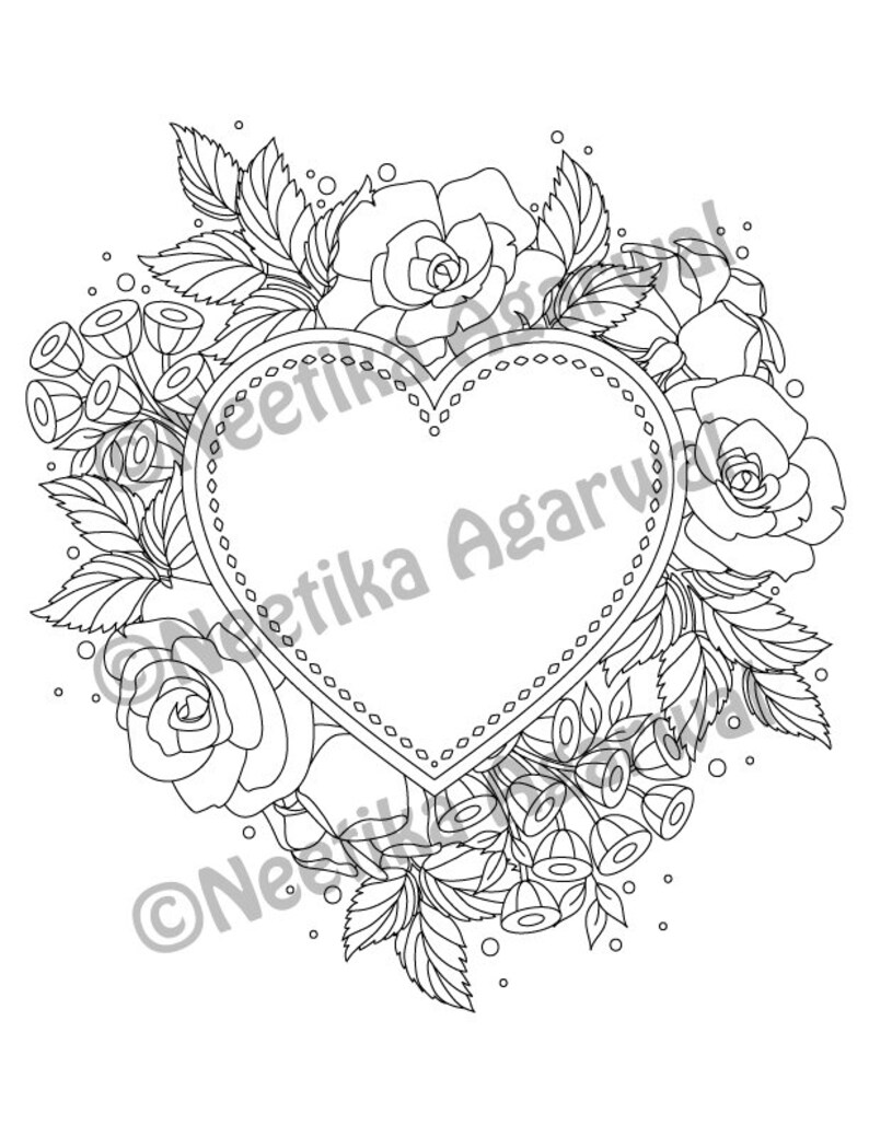 Heart with Roses Valentine Adult Coloring Page Valentine's Day Coloring Page Printable Coloring Page Digital Download image 2