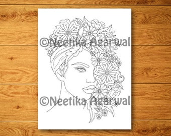 Floral Face 2 - Adult Coloring Page - Printable Coloring Page - Digital Download - PDF coloring pages - Instant Download - Portrait - Girls