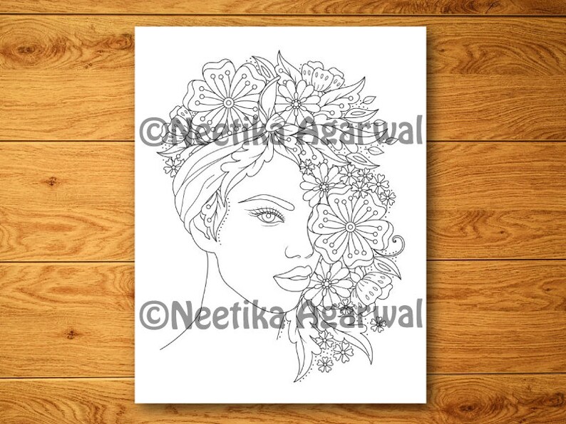 Floral Face 2 Adult Coloring Page Printable Coloring Page Digital ...