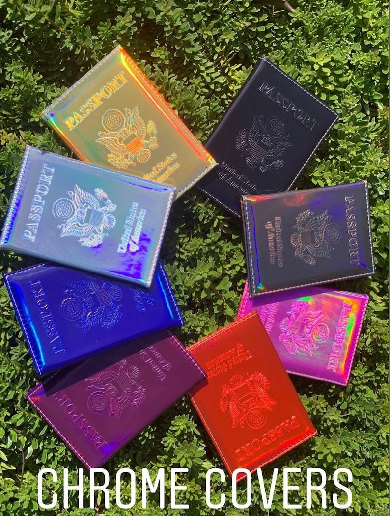 May include: Assortment of passport covers in various iridescent colors, including gold, silver, blue, red, and purple. Each cover features the United States seal and the word "PASSPORT" embossed on the front.