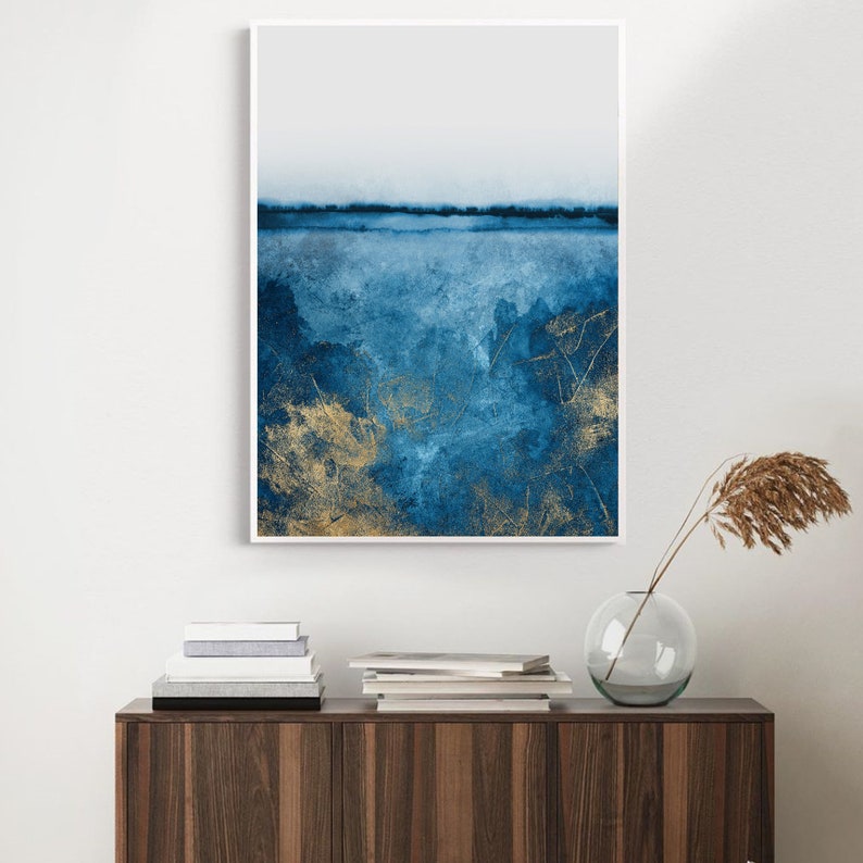Wall Art Deep Blue and Gold Painting Print Decor Bedroom Etsy