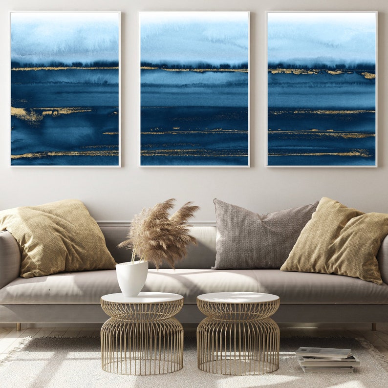 Navy Blue Gold Watercolour Wall Art Extra Large Wall Art Etsy