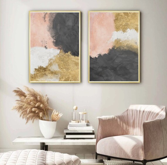 Grey Pink Gold Wall Art Set Pink Wall Art Grey Wall Art Etsy