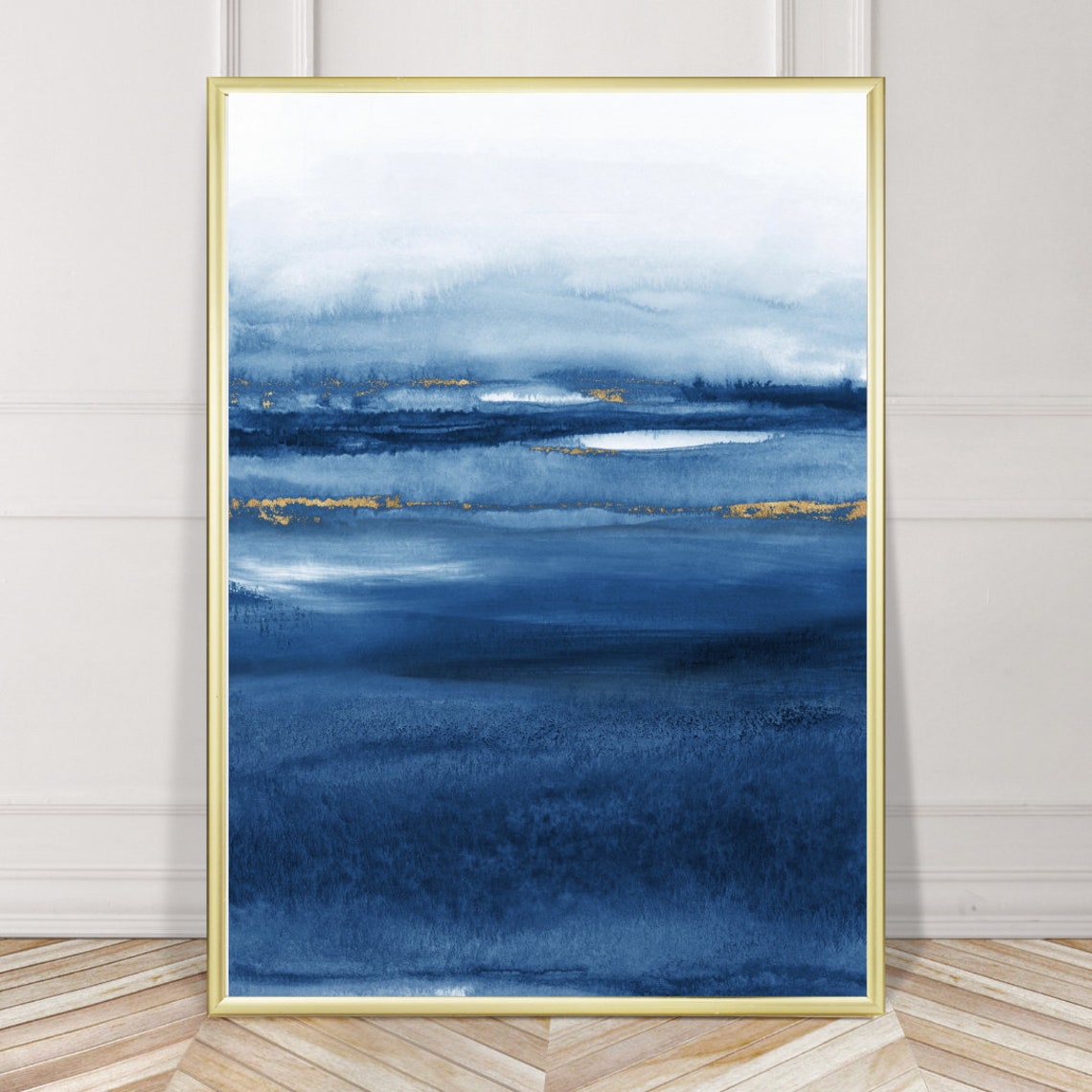 Blue Watercolour Wall Art Blue and Gold Painting Print Wall Etsy