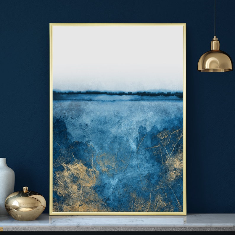 Wall Art Deep Blue and Gold Painting Print Decor Bedroom Etsy