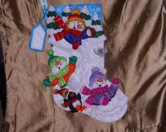 Bucilla "SNOW FUN" Handmade Felt Applique Christmas Stocking #86108 ~ Finished