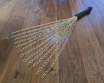 Gold metal chain flogger, violet wand accessory, mature bdsm fetish gear, spanking & discipline, vegan friendly kink, uk seller