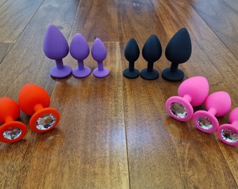 Silicone butt plugs, anal plug with acrylic jewel, different colours and size's, bdsm medical play, vegan friendly kink, uk seller