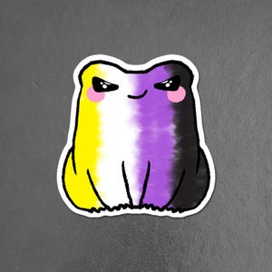 May include: A cartoon frog with a yellow, white, purple, and black color scheme. The frog has a cute, cartoonish expression with large eyes and a small smile.