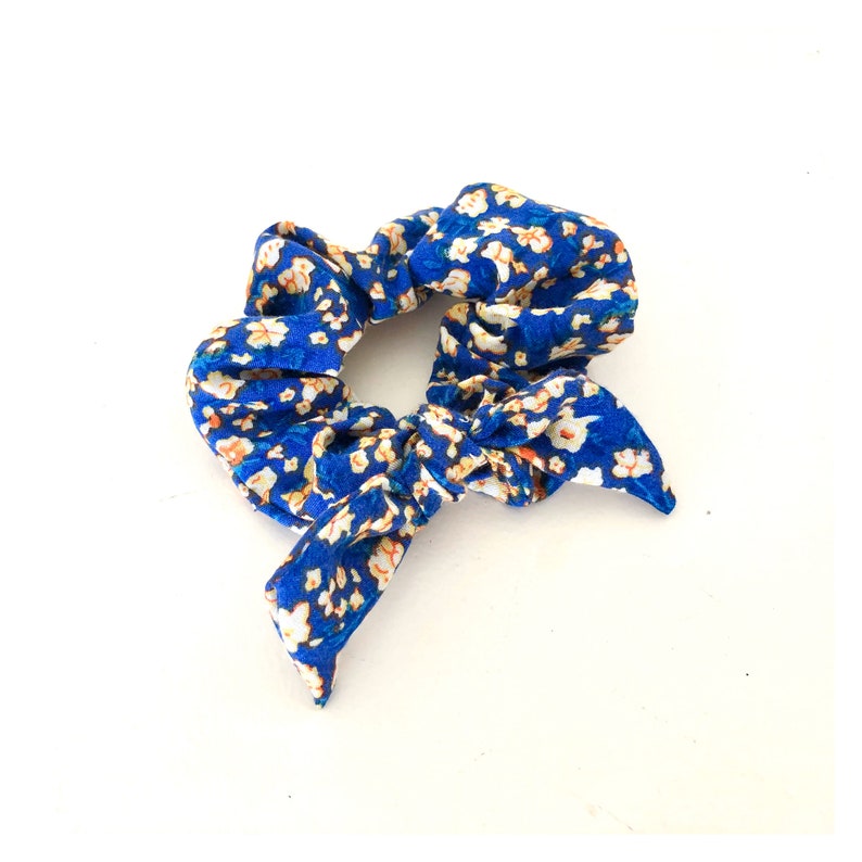 Blue and yellow floral flower elastic fabric scrunchy  scrunchie hair tie with top knot bow