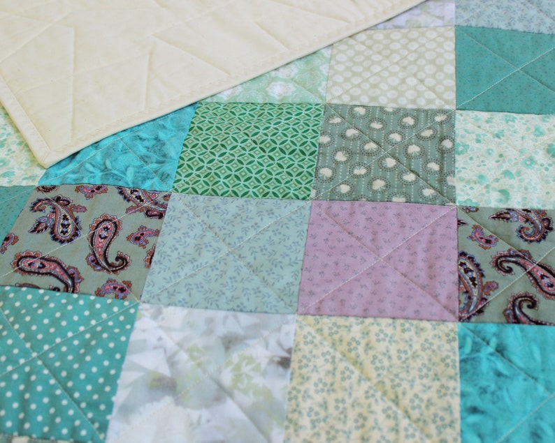 Homemade Patchwork Quilt Modern Green Patchwork Quilt Cream Etsy