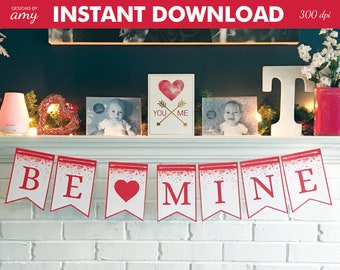 PRINTABLE "BE MINE" Banner with Red Letter & Hearts, Valentines Party Decorations, Valentines Decor, Valentines Garland, Instant Download