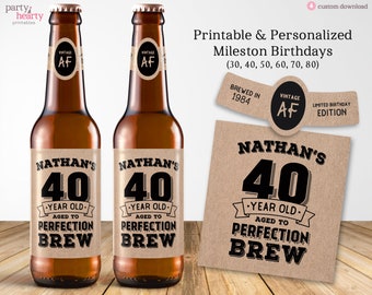 Personalized Printable Birthday Beer Labels with NAME in 30th, 40th, 50th, 60th, 70th, 80th, Digital PDF File, Custom Download