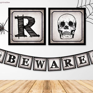 PRINTABLE Halloween Banner, Beware Banner, Halloween Party, Halloween Decoration, Skull Banner, Gothic Decorations, Instant Download, Skulls