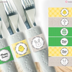 May include: Printable Easter napkin rings with different designs, including a chick, bunny, cross, and egg. The rings feature a green, yellow, and brown color scheme with a "Happy Easter" message.