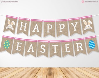 Vrolijk Pasen afdrukbare banner, hoppig Pasen, paasdecoratie, paasdecor, paaseibanner, paashaasbanner, Instant Download
