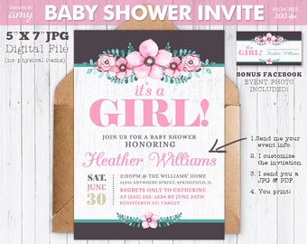 Printable It's A Girl Invitation for Baby Shower, Pink Rustic Baby Girl Shower Invitation, Facebook Event Cover Photo, Digital PDF JPG File