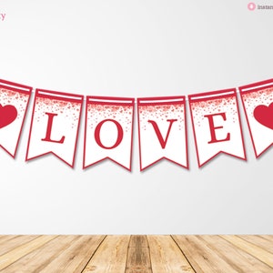 IMPRIMÍVEL Banner de amor com letras vermelhas e corações, decorações de festa de dia dos namorados, decoração de dia dos namorados, guirlanda de dia dos namorados, download instantâneo