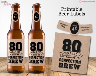 80th Birthday Beer Bottle Label & Carrier Kit - Gold Theme, 6 Sticker Labels + 6 Neck Labels + Kraft Carrier
