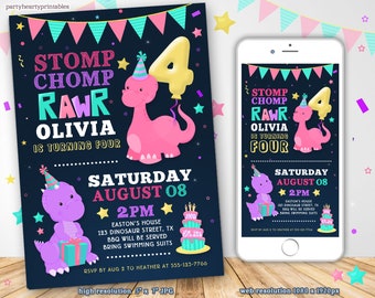 Printable Dinosaur Girl Birthday Digital ONLY Invitation: 5x7 JPG for Printing, JPG Invitation for Texting