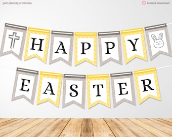 Banner imprimible de Feliz Pascua para la cena religiosa de Pascua, decoración del banner de Pascua amarillo y gris, archivo PDF digital, descarga instantánea