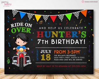 Printable 5x7 JPG Motorcyle Racing Black Hair Boy Birthday Party Invitation, Motocross Custom Digital Download JPG PDF File, You Print