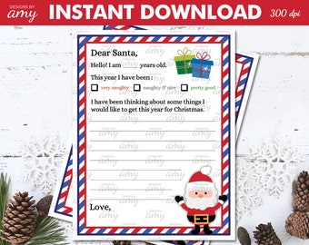 PRINTABLE Letter to Santa Claus Christmas Wish List, Dear Santa Letter, Digital PDF File, Instant Download