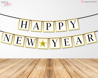 IMPRIMIBLE Feliz Año Nuevo Oro & Negro Banner con Confeti Estrella, Decoración de Nochevieja, Fiesta NYE, NYE, Descarga Digital Instantánea
