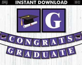 Printable Graduation Banner for Purple, White, Black High School or College Graduation Party, Digital PDF File, Instant Download