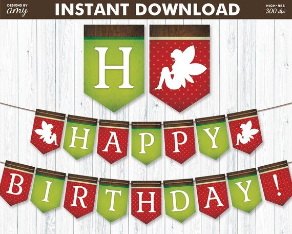 Printable Fairy Garden Birthday Banner Red Green Enchanted Etsy