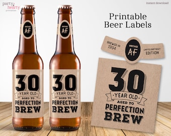 Printable 30th Birthday Beer Labels for 2024, Vintage 30th Birthday Party Decorations For Him, Digital PDF File, Instant Download