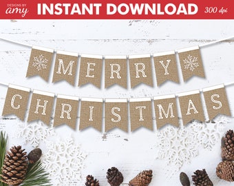 PRINTABLE Merry Christmas Banner, Burlap Christmas Banner, Christmas Decor, Christmas Party Decorations, White Christmas, Instant Download