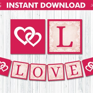 PRINTABLE Love Valentines Day Banner with Dark Hot Pink Letters and Border, Intertwined Hearts & Lace, Valentines Party, Instant Download