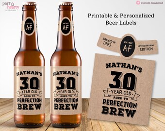 Personalized Printable 30th Birthday Custom Beer Labels, Digital PDF File, Custom Download