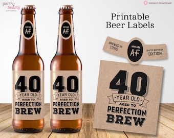 Printable 40th Birthday Beer Labels for 2026, Vintage 40th Birthday Party Decorations, Digital PDF File, Instant Download